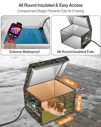 Indestructible Heated Cat House for Outdoor Cats in Winter, Extremely Waterproof & Weatherproof, Insulated Outside Feral Cat House Shelter for Stray Barn Cat