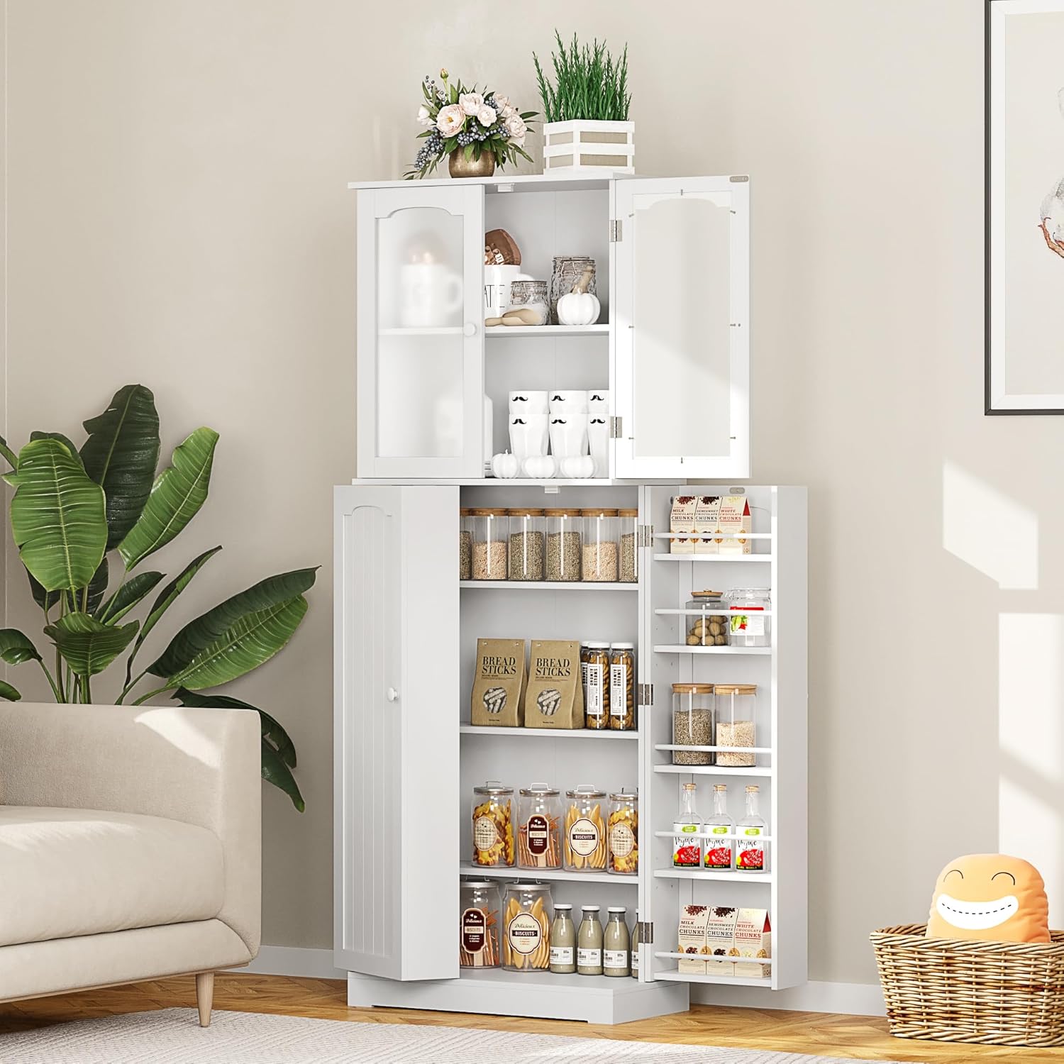 HOME BI 64" Kitchen Pantry Cabinet, Tall Freestanding Pantry with Glass Doors,Wooden Food Pantry Storage cabinet for Home Kitchen, Dining Room, Living Room(White, 23.62W x 11.81D x 63.58H)
