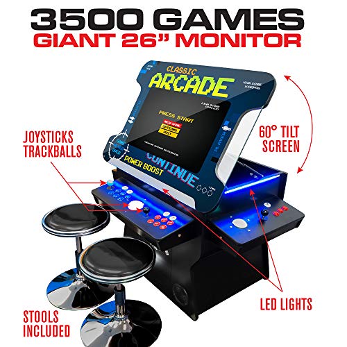Creative Arcades Full Size Commercial Grade Cocktail Arcade Machine w/ Lifting Screen | Trackball | Three-Sided | 4 Sanwa Joysticks | 2 Stools