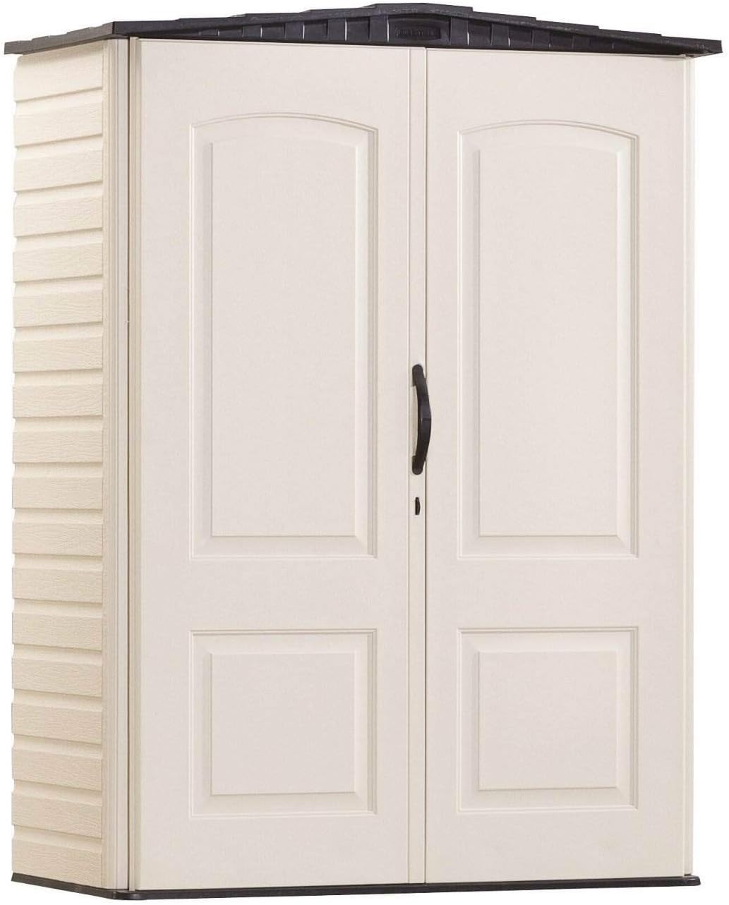 Rubbermaid Small Vertical Resin Outdoor Storage Shed With Floor (2.3 x 4.6 Ft), Weather Resistant, Beige/Brown, Organization for Home/Backyard/Pool Chemicals/Toys/Garden Tools/Porch/Patio Cushions