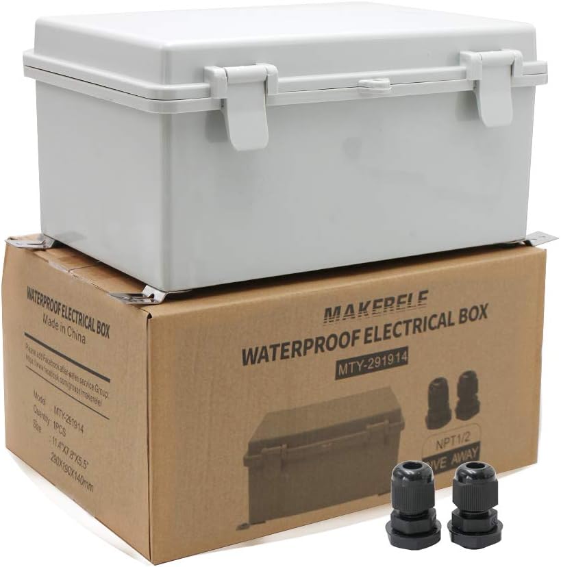 MAKERELE Outdoor Electrical Box Weatherproof Includes Internal Mounting Panel 15.711.86.7 (400300170mm) Large Project Box for Electronics Hinged Cover Plastic Clip with 2 NPT 3/4” Glands
