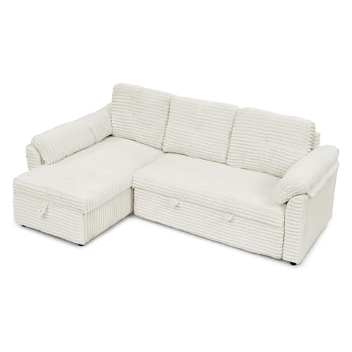 Corduroy Tufted Upholstered Sleeper Sectional Sofa, L-Shaped Modular Convertible Sofa with Storage Chaise, Futon Couch with Pullout Bed, Convertible Sofa, Recliner, Bed, for Living Room， Black