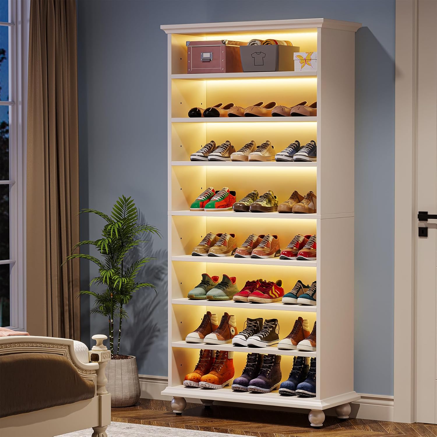 69" Tall Shoe Storage Cabinet with LED Lighting, 9-Tier 30 Pairs Freestanding Shoes Display Cabinet with Solid Wood Legs for Entryway, White