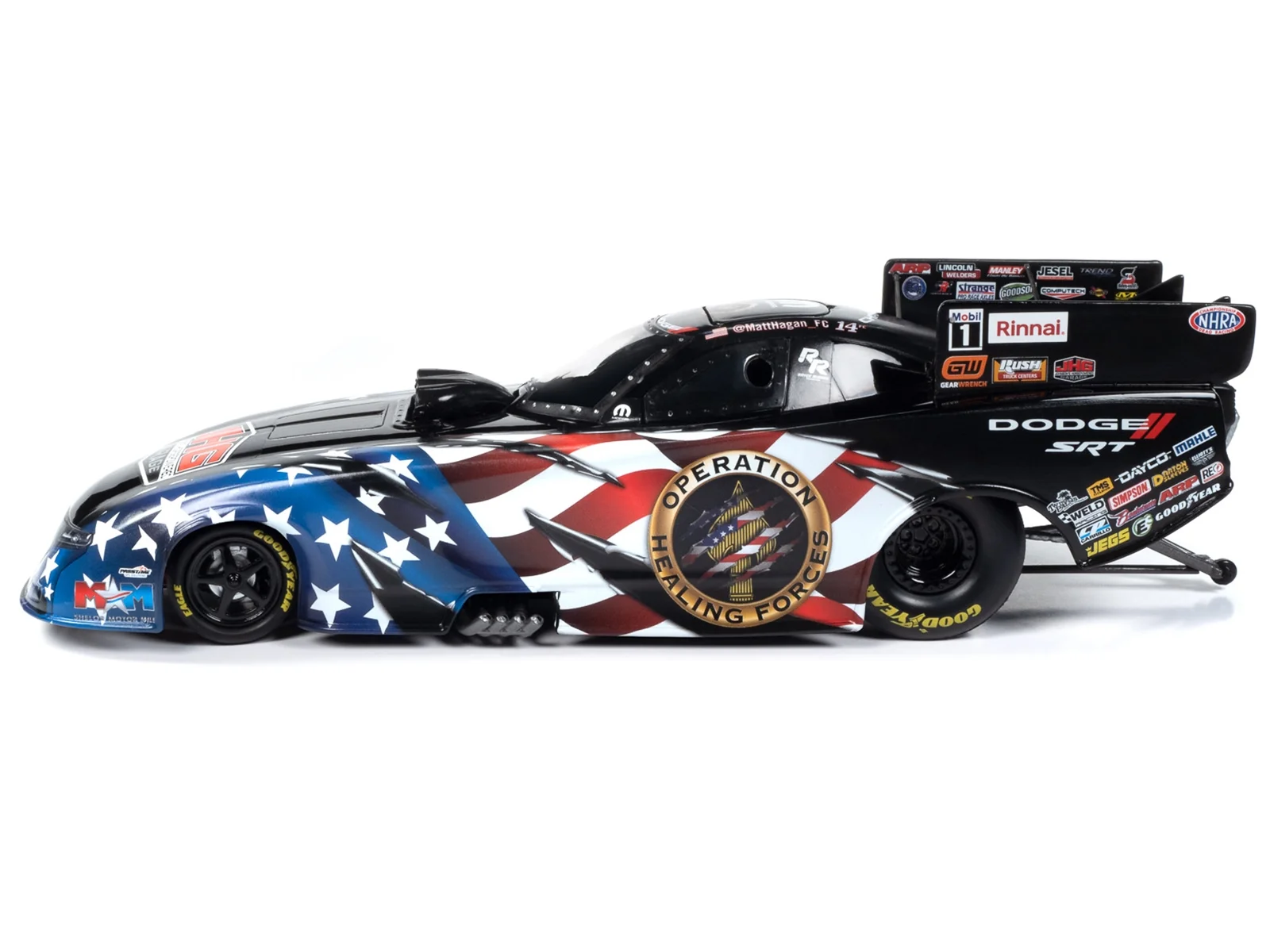 Dodge Charger SRT Hellcat NHRA Funny Car Matt Hagan "Operation Healing Force" (2023) 1/24 Diecast Model Car by Auto World