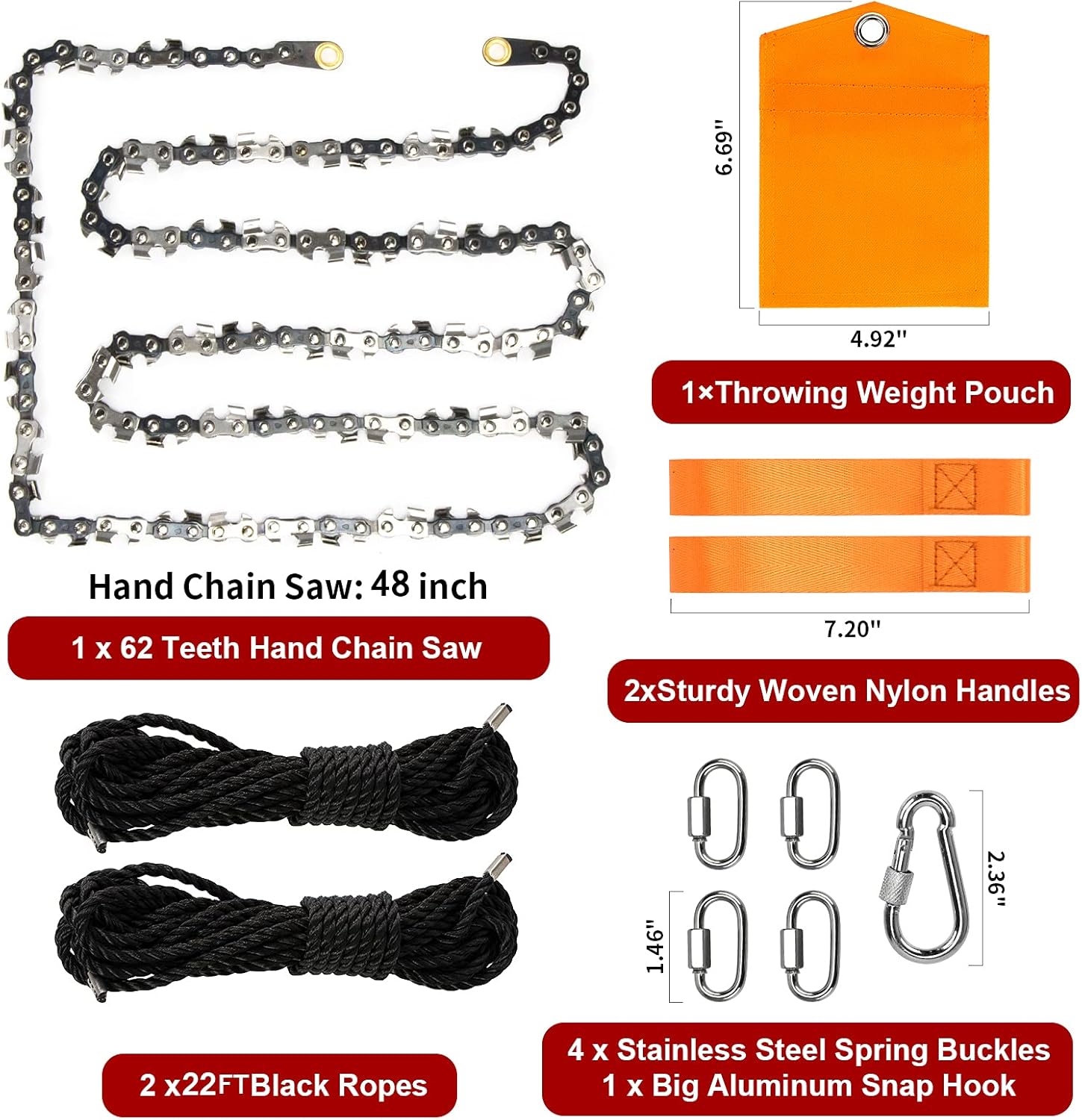 Upgrade 48 Inch High Limb Hand Rope Saw Chain Saw with 44 Feet Rope 62 Bidirectional Sharp Teeth Blades on Both Sides, Folding Pocket Chainsaw for Wood-Cutting, Camping and Field Survival Gear