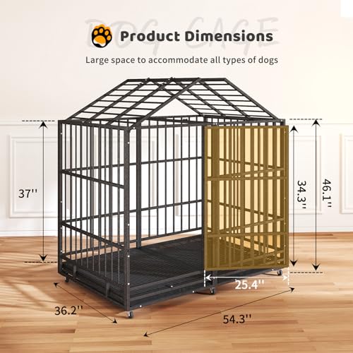 48 Inch Heavy Duty Indestructible Dog Crate Steel Escape Proof, Indoor Double Door High Anxiety Cage, Kennel with Wheels, Removable Tray, Extra Large XL XXL