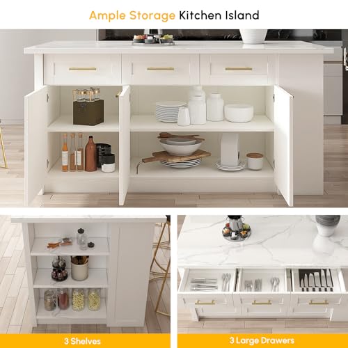 homary 72'' Kitchen Islands with Storage Modern White Kitchen Table with Seating & 3 Drawers Dining Table