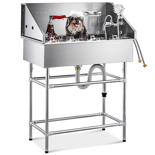 CO-Z 50” Dog Bathing Station for Large Dogs, Professional Dog Grooming Tub Pet Dog Washing Station for Home, Large Dog Bathtub with 304 Stainless Steel Tank, Removable Floor Grate, Steps, Faucet