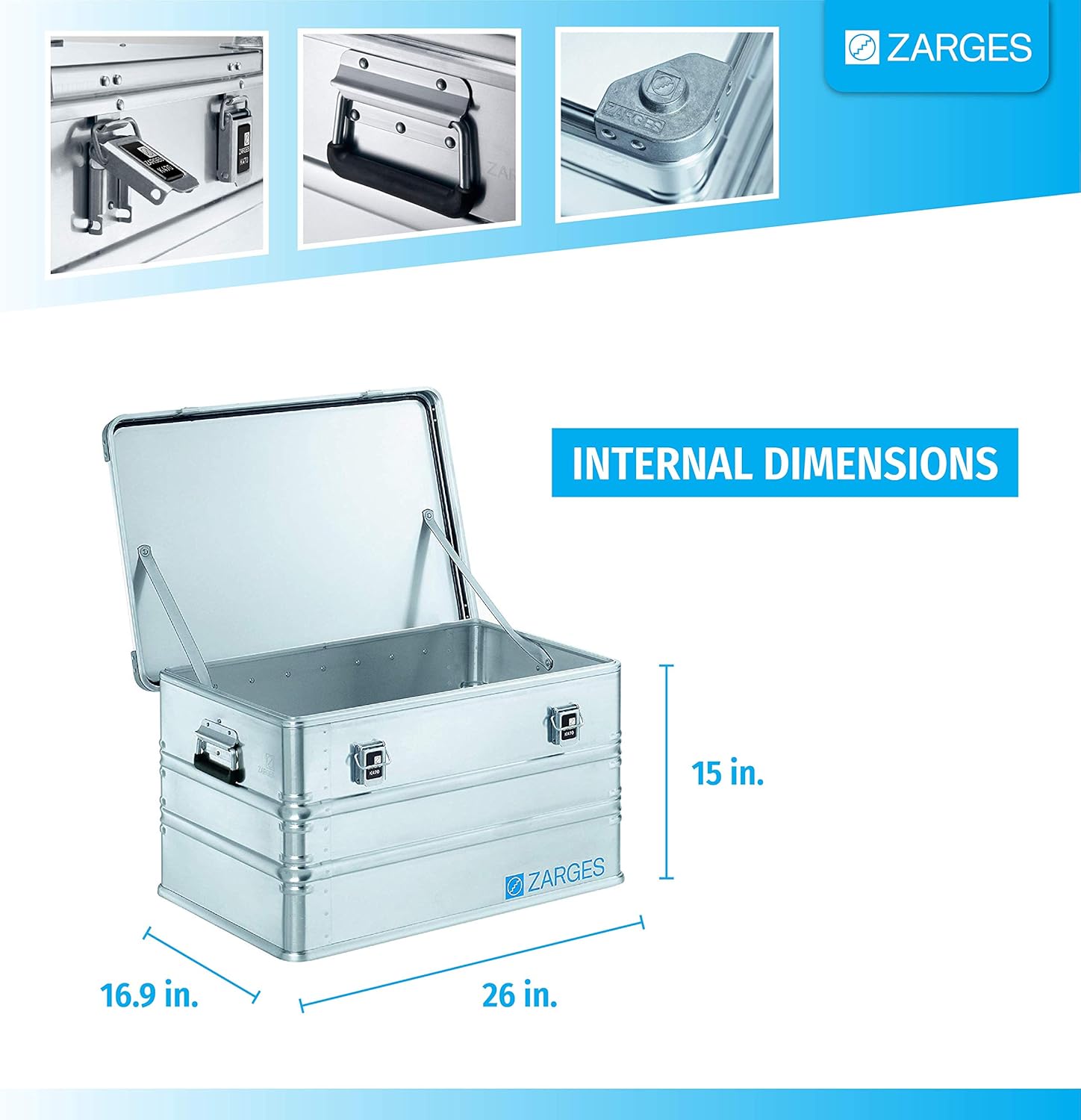 Zarges?K470 Aluminum Hard Protective Carrying Case, Portable Stackable Storage, Customizable Safe Lock Box, Dust and Water Resistant (44.1 x 28.3 x 18.9 Inches)