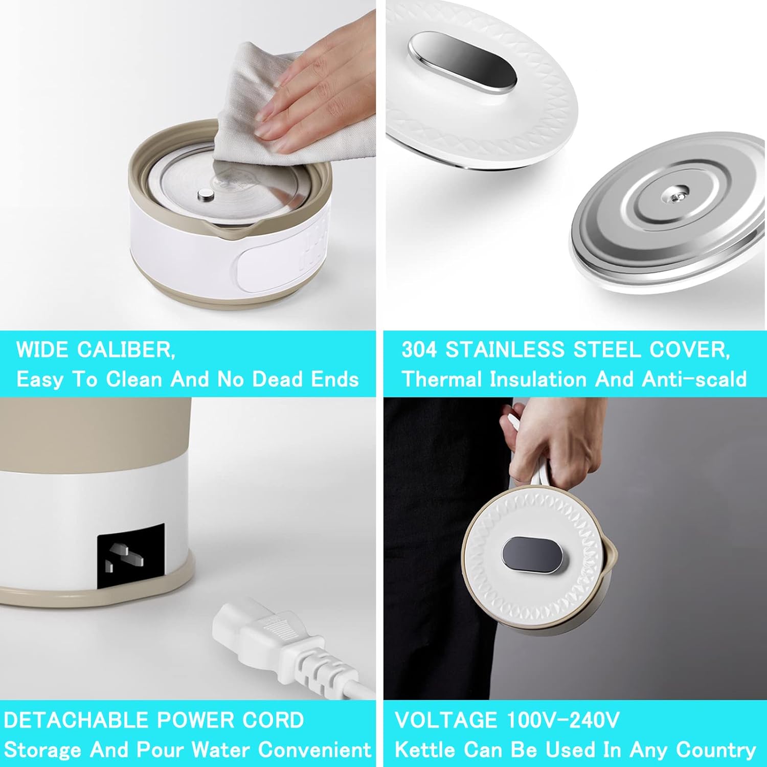 Portable Tea Kettle for Travel and Camping, Foldable Electric Kettle Small and Mini, Stainless Steel Collapsible Kettle with Temperature Control Concealed handle and Folding Cup, Dual Voltage