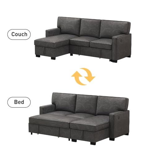 Convertible Sleeper Sofa 3 in 1, Chenille Modern L-Shaped Couches for Living Room, Pull Out Sectional Futon Sofa Bed with Storage Space, USB Ports and Cup Holders for Bedroom, Grey