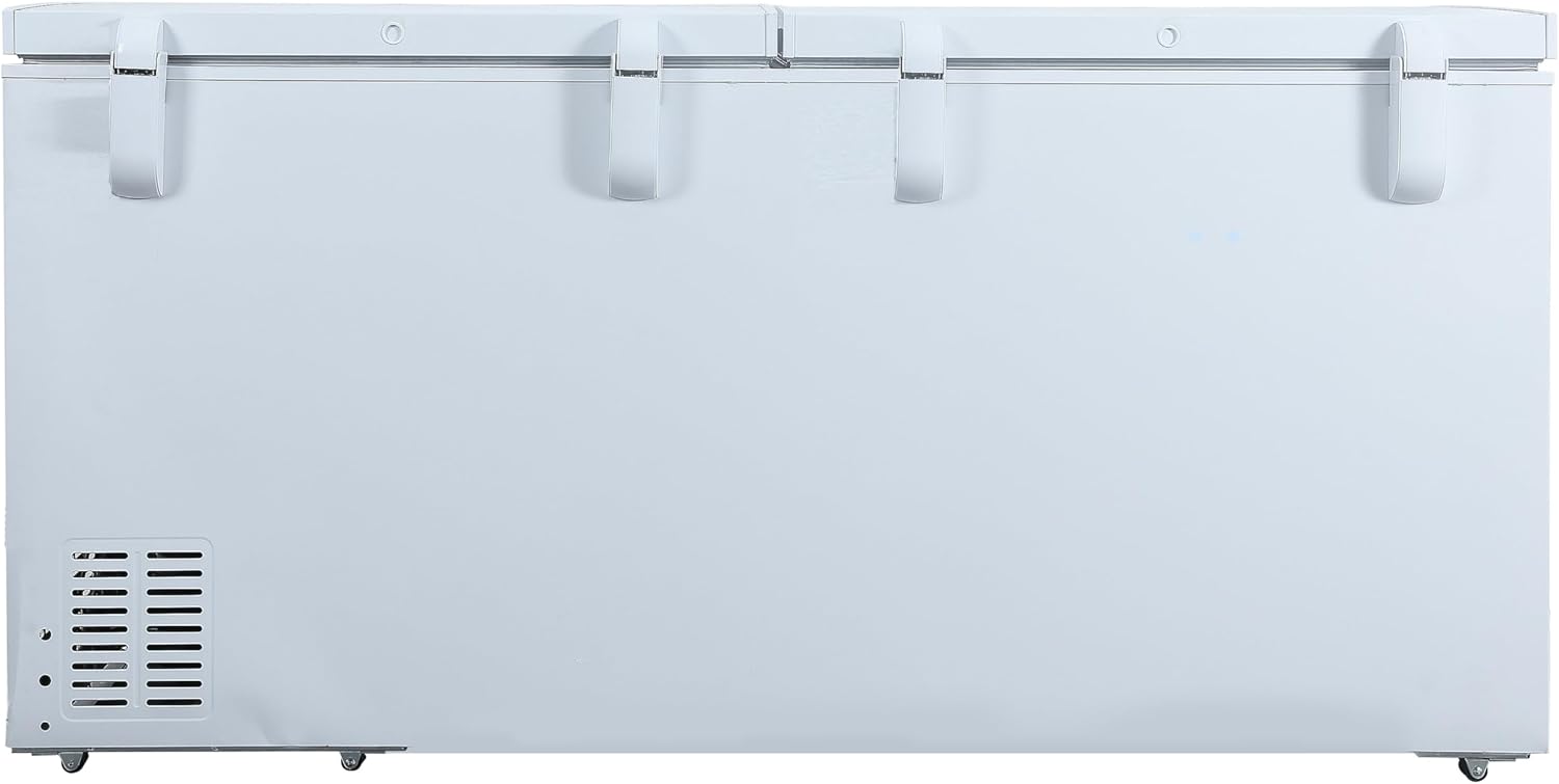 Hamilton Beach 25 Cu. Ft. Garage Ready Chest Freezer, White Deep Freezer, Adjustable Thermostat, Easy Defrost Drain, Double Door Lid, for Storage, Hunting, Large Family - 29"D x 79"W x 38"H