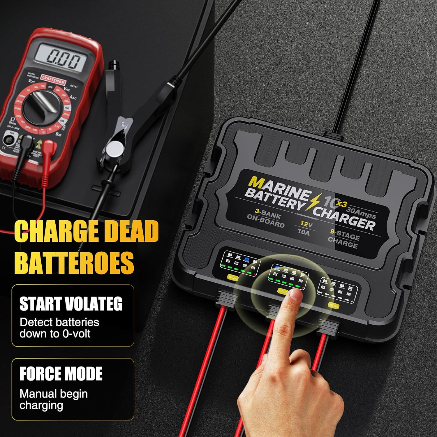 3 Bank Marine Battery Charger, 12V 30A (10A/Bank) Smart Waterproof Onboard Boat Battery Charger, Battery Maintainer & Desulfator for SLA/AGM/Lithium (LiFePO4), Calcium and Deep-Cycle Batteries