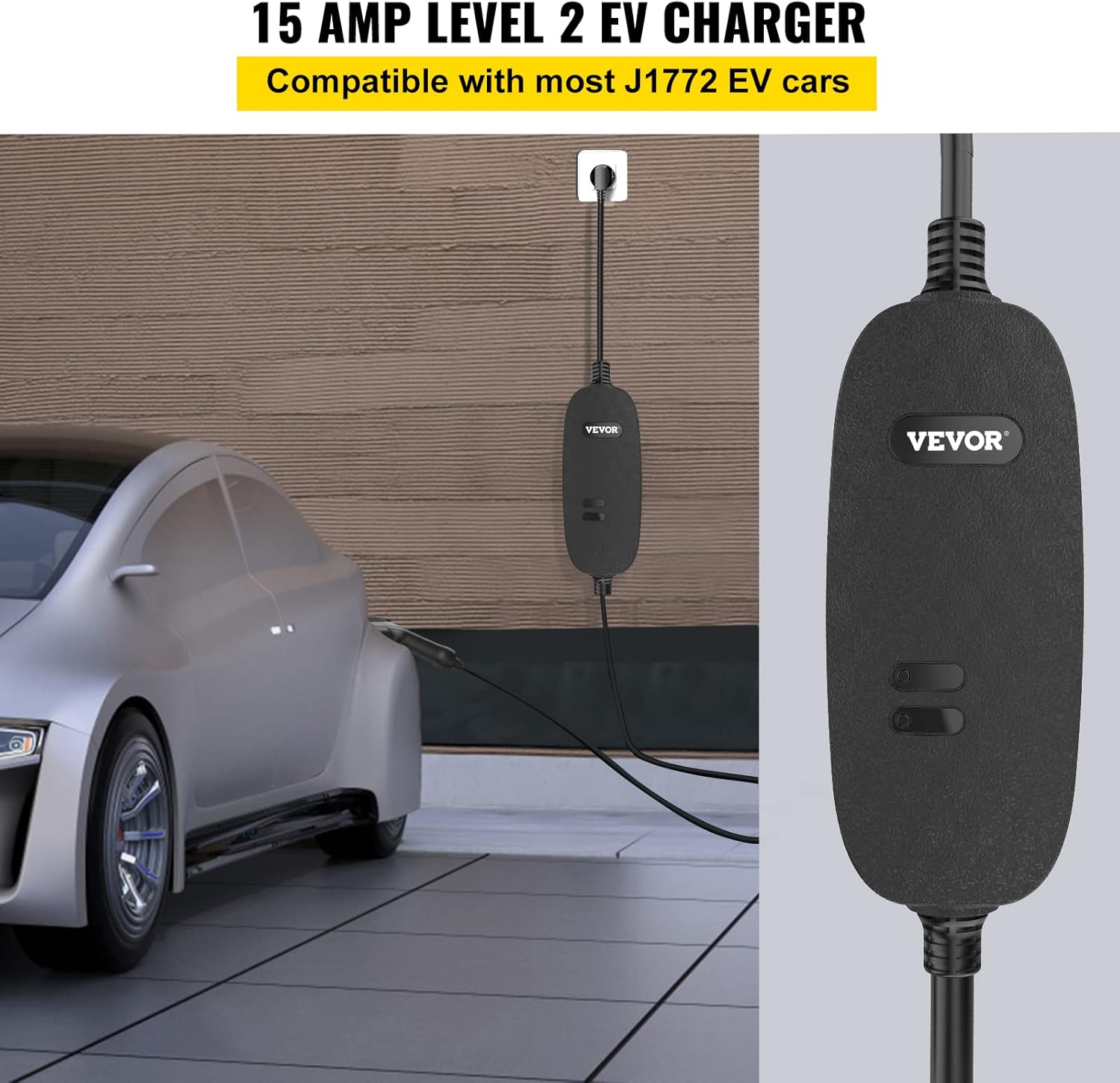 VEVOR Level 1+2 EV Charger, 15 Amp 110-240V, Portable Electric Vehicle Charger with 25 ft Charging Cable NEMA 6-20 Plug NEMA 5-15 Adapter, Plug-in Home EV Charging Station for SAE J1772 Electric Cars