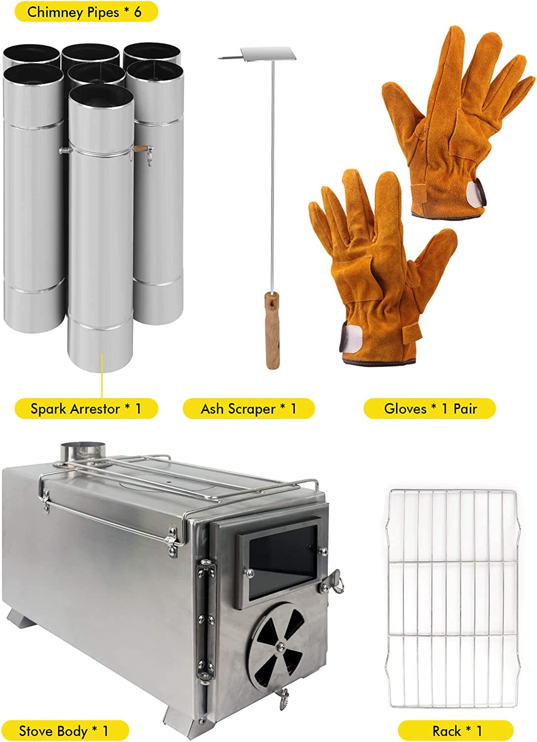 Camping Stove for Hot Tents, QCAI 304 Stainless Steel Wood Burning Stove with Stainless Wall Chimney Pipes for Tents, Shelter, Outdoor Portable Stove for Camping Heating and Cooking