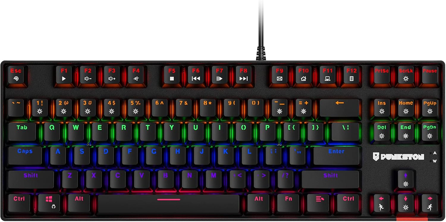 Punkston TK87 Mechanical Gaming Keyboard, RGB Rainbow LED Backlit TKL 87 Keys Anti-Ghosting PC Gaming Wired Keyboard for Windows/Mac (Red Switch, Black)