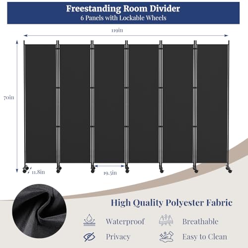 Kokorona 6 Panel Room Divider, 6FT Tall Rolling Privacy Screen with Lockable Wheels, Folding Wall Dividers Portable Room Divider for Room Separation, Included - Cover Strips, Black, 119''W x 70''H