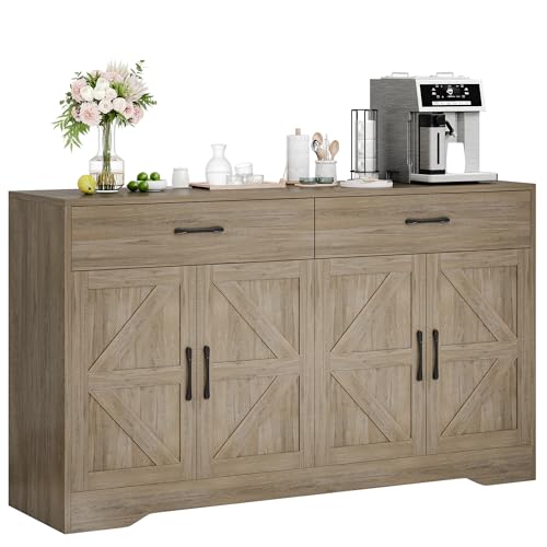 55" Sideboard Buffet Cabinet with Storage, Large Kitchen Storage Sideboard with Drawers & Doors, Modern Wood Farmhouse Coffee Bar Cabinet, Buffet Table for Kitchen, Dining Room, Living Room, White