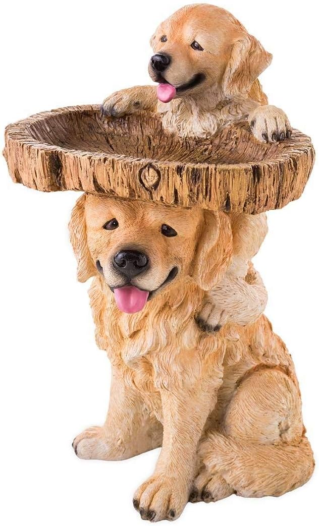 Plow & Hearth Two Playful Golden Retriever Puppies Resin Birdbath Hand-Painted All-Weather Wood-Look Resin Landscape and Garden Accent, 13¼ Dia. x 22 H