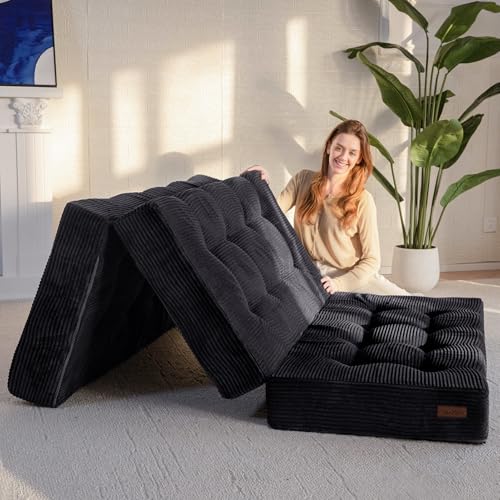 MAXYOYO Tri-Fold Mattress, 6 Inch Tufted Folding Mattress Full Foam Bed, Foldable Floor Mattress Guest Bed Mattress Topper Portable Camping Sleeping Bed with Corded Fabric, Black, 53"x75"