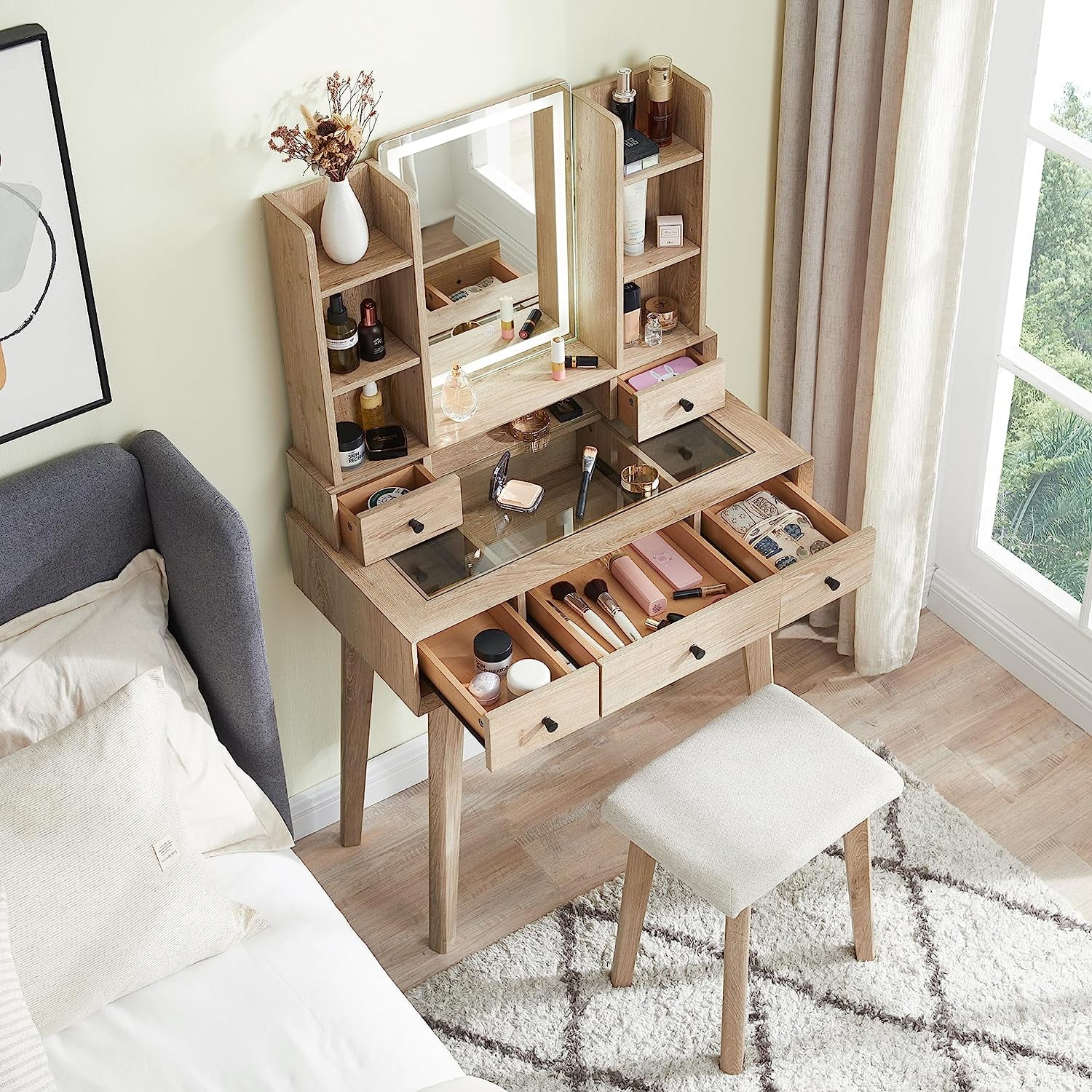 OKD Vanity Set with LED Lighted Mirror and Cushioned Stool, Large Vanity Table Dressing Table Desk with Storage Shelves and 5 Drawers for Bedroom, Natural Oak