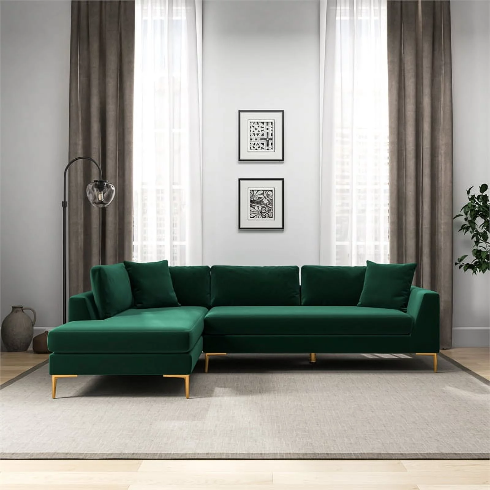 Pemberly Row Mid-Century Velvet L-Shaped Left-Facing Sectional in Green