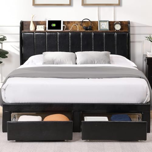 Queen Bed Frame with Headboard & Charging Station, Upholstered Platform Bed Frame with 2 Storage Drawers, Sturdy Wooden Slats Support/No Box Spring Needed/Noise Free/Easy Assembly/White