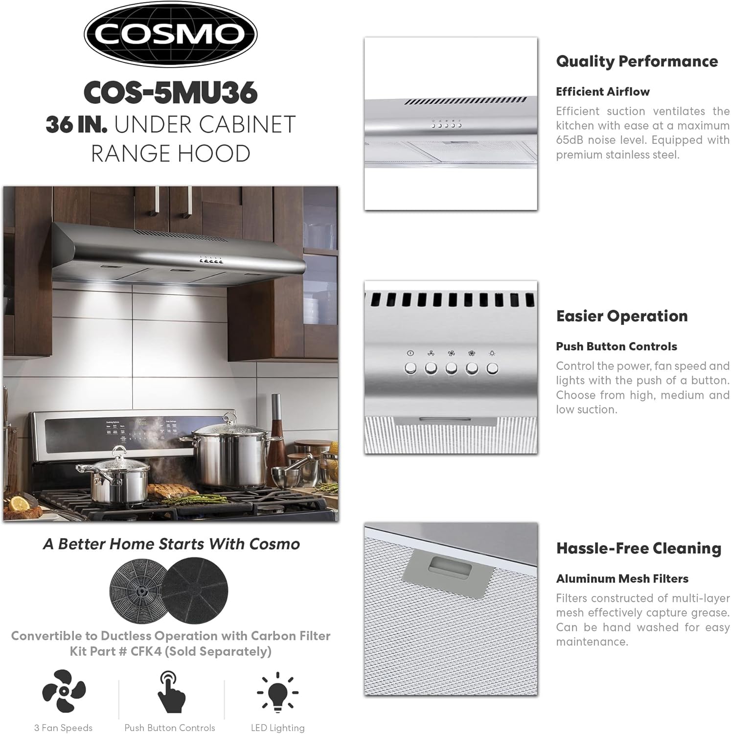 Cosmo COS-5MU36 36 in. Under Cabinet Range Hood Ductless Convertible Duct, Slim Kitchen Stove Vent with 3 Speed Exhaust Fan, Reusable Filter and LED Lights in Stainless Steel, 36 inch