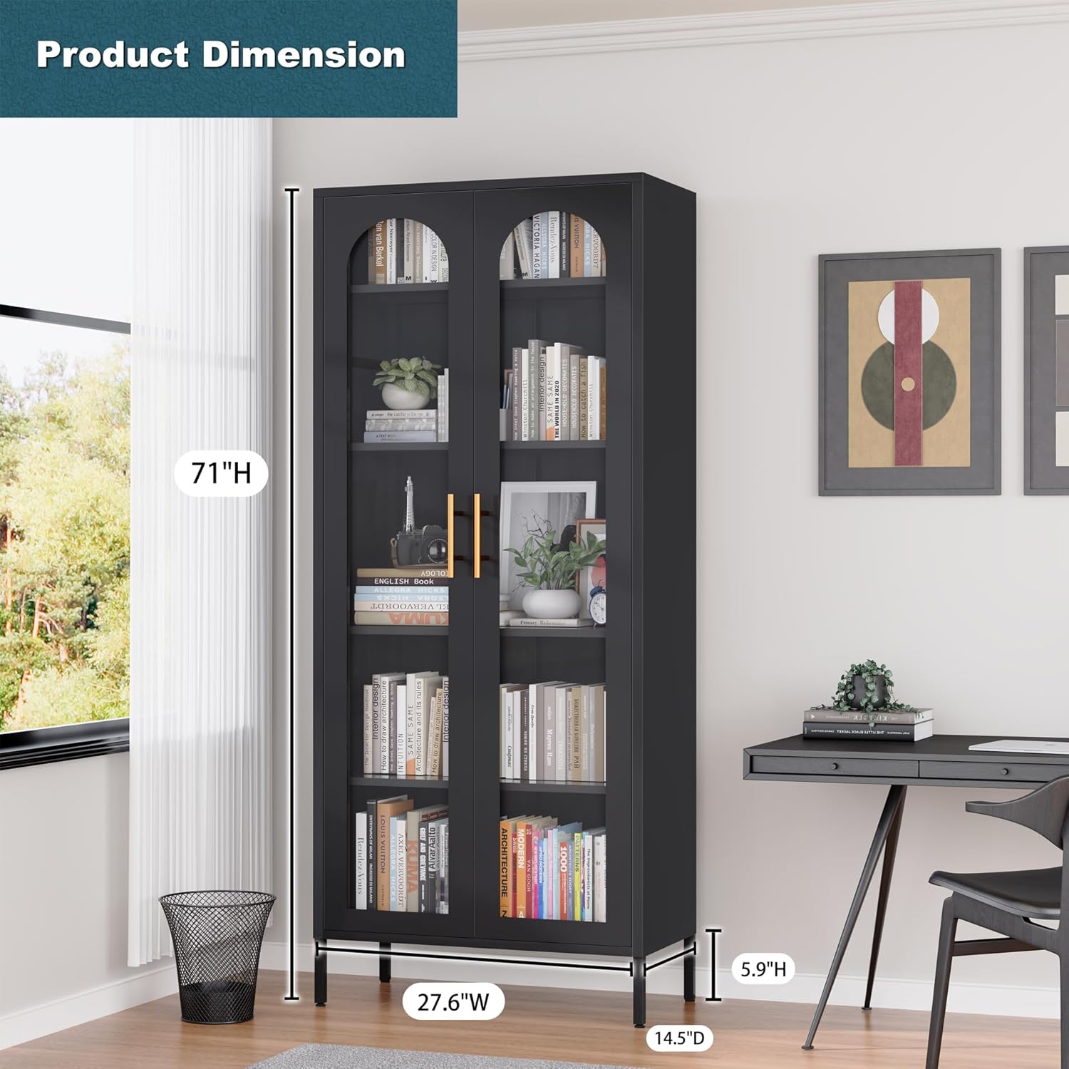71" Tall Glass Display Cabinet,Curio Display Cabinet with 4 Adjustable Shelves,Metal Storage Cabinet with Glass Doors,Black Bookcase with Doors,Display Case for Home, School, Office,Kitchen