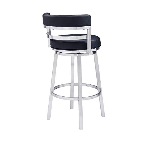 Armen Living Madrid 26" Counter Height Swivel Modern Gray Faux Leather and Brushed Stainless Steel Bar Stool for Kitchen Island Counter