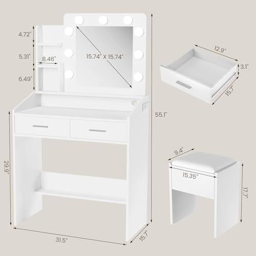 Vanity Desk with Mirror and Lights, Makeup Vanity Desk with Charging Station and Cushioned Stool, Dressing Table with 2 Drawers & 3 Lighting Modes Adjustable Brightness for Bedroom, Black