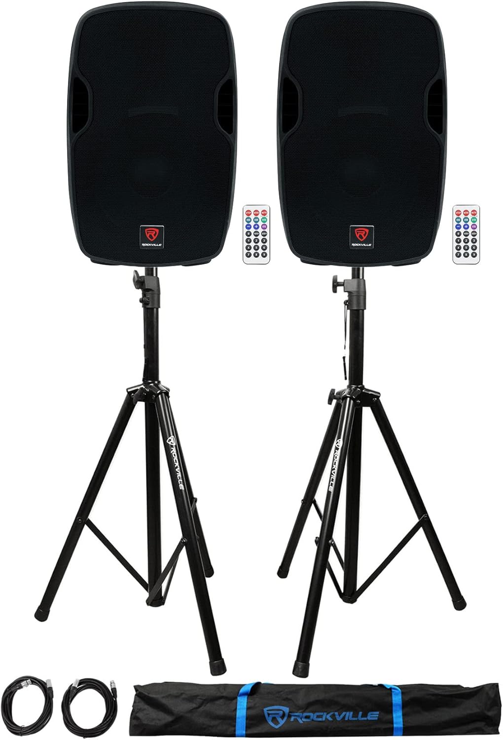2) Rockville BPA15 15 Powered 800W DJ PA Speakers w Bluetooth+Stands+Cables+Bag