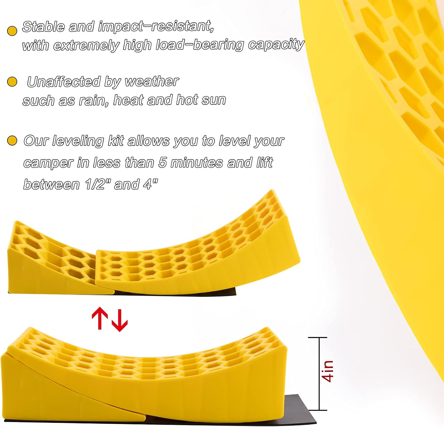 2-Pack Camper Leveler Kit- Heavy Duty RV Levelers RV Leveling Blocks Includes 2 Curved Levelers 2 Wheel Chocks 2 Anti-Slip Rubber Grip Mats for RV Camper Travel Trailer Motorhome Up to 30,000 lbs Pack of 2