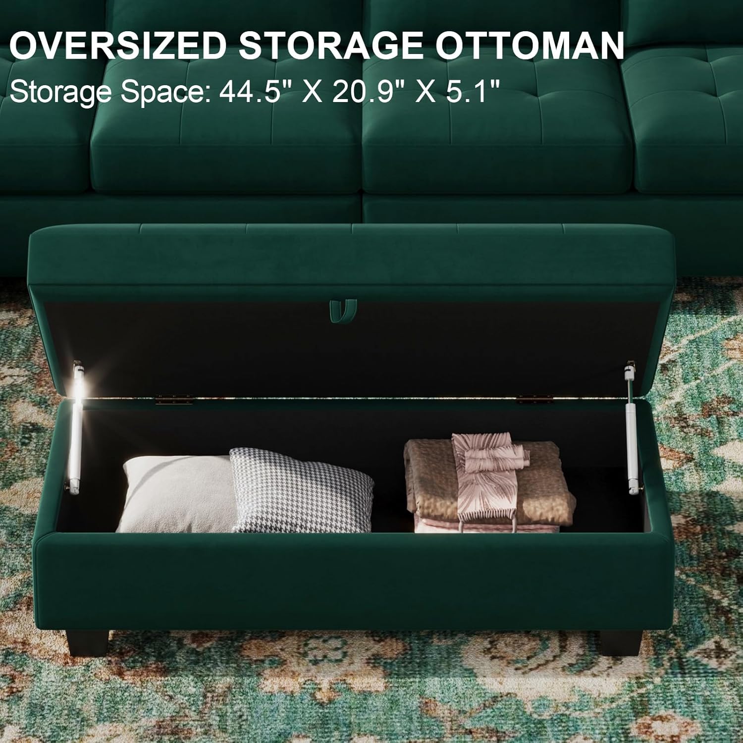 Belffin Velvet Storage Oversized Ottoman Module Bench Oversized Rectangular Ottoman for Modular Sectional Sofa Green