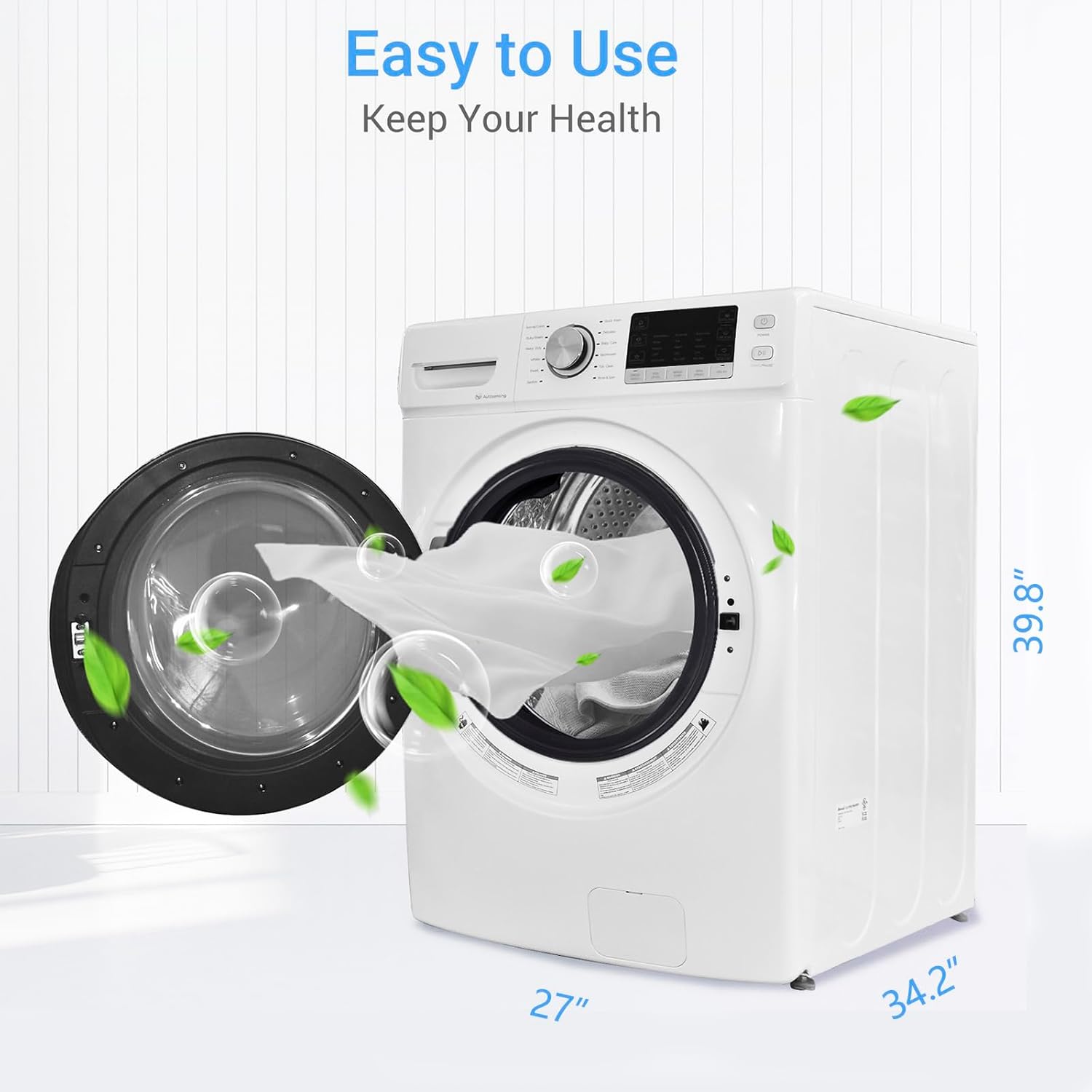 27" 4.5 Cu.Ft Front Loading Washing Machine, 18 Lbs Clothes Washer for Family, Water Plus, Quick Wash and Steam, 12 Washing Cycles, 120V, White