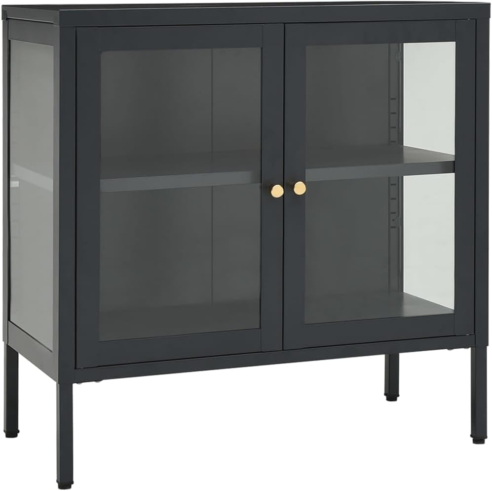 Asomie Sideboard Anthracite 27.6"x13.8"x27.6" Steel and Glass Home Furniture Cabinets Fashion Kitchen Indoor Storage Buffets Sideboards Storage Cabinet US Stock Fast Shipment Anthracite