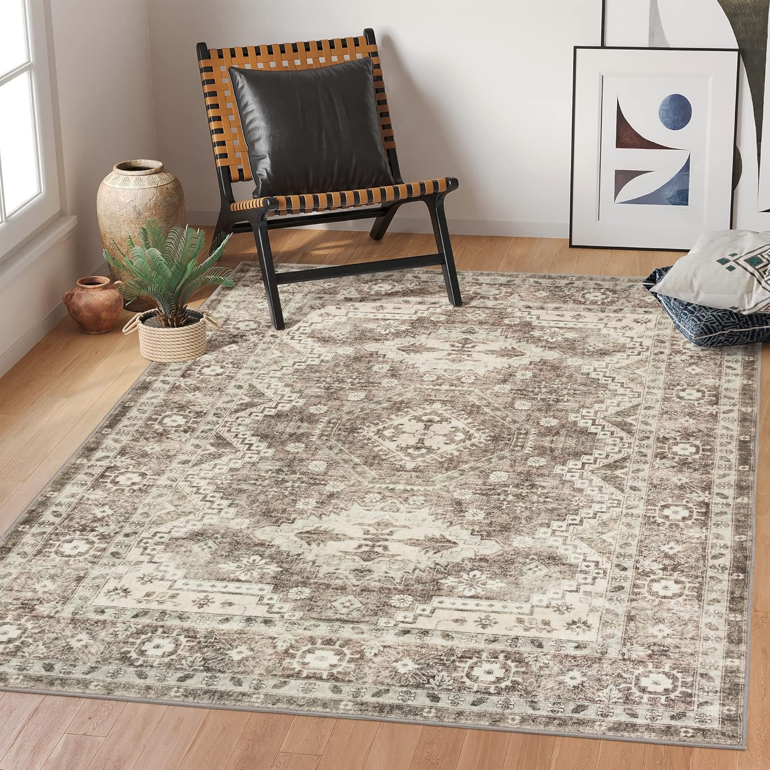 Rugland 9x12 Area Rug - Stain Resistant Washable Rug, Anti Slip Backing Rugs for Living Room, Vintage Tribal Area Rugs (TPR07-Ivory, 9'x12')