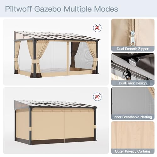 10' x 28' Gazebo,Outdoor Pergola Large Wall-Mounted hardtop Lean to Gazebo with Sloped Roof and Double Curtains & Netting,Awnings for Patio,Backyard,Deck,Garden,Navy