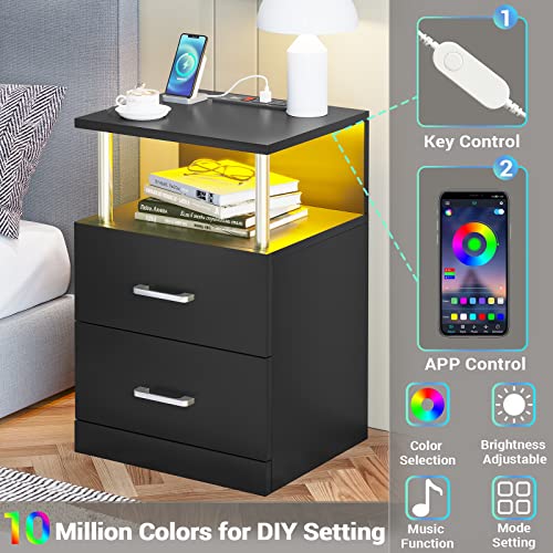 AOGLLATI Nightstand with Charging Station and LED Lights, Nightstands Set of 2, Bedside Table with Open Storage and 2 Drawers, 2 USB Ports, 2 Outlets, Modern End Side Table for Bedroom, White