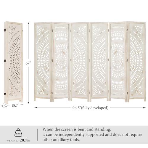 Room Divider Wood Carved Wall Divider Indoor Folding Bohemian Style Portable Partition Screen for Home Office Garden Terrace - 6 Panels (Antique, White-Washed)
