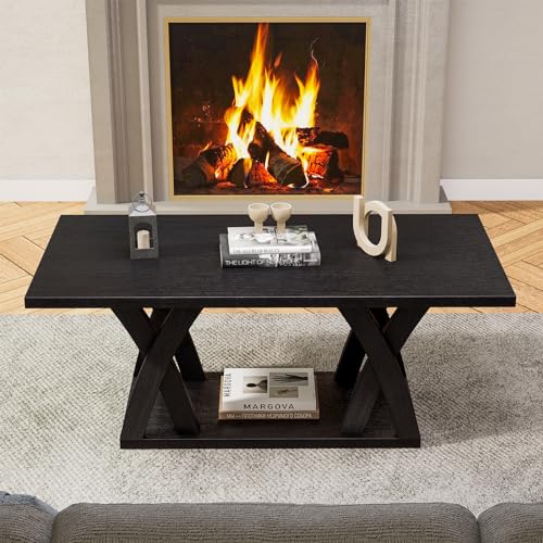 Farmhouse Coffee Table with Shelf, Wood Coffee Table for Living Room, Open Display Area,47” Dark Brown