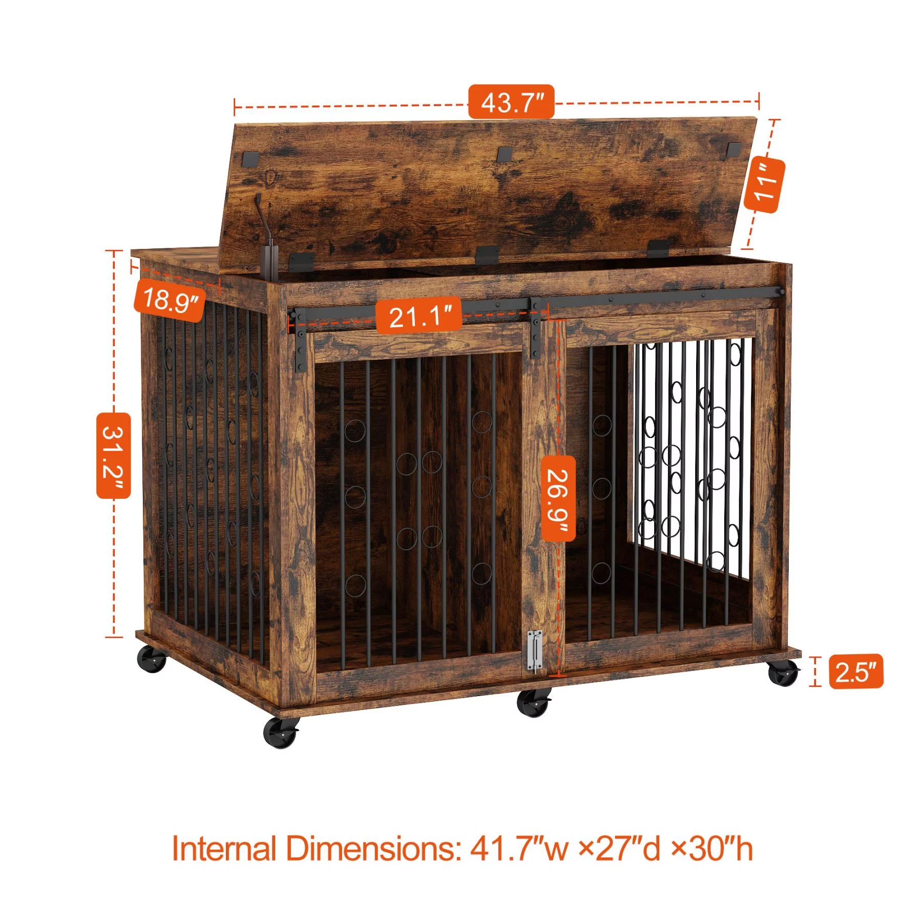 Ouyessir Dog Crate Furniture with Sliding Barn Door,Upgraded Large Wooden Dog Kennel End Table with Wheels and Flip-top Plate Dog House(Rustic Brown)