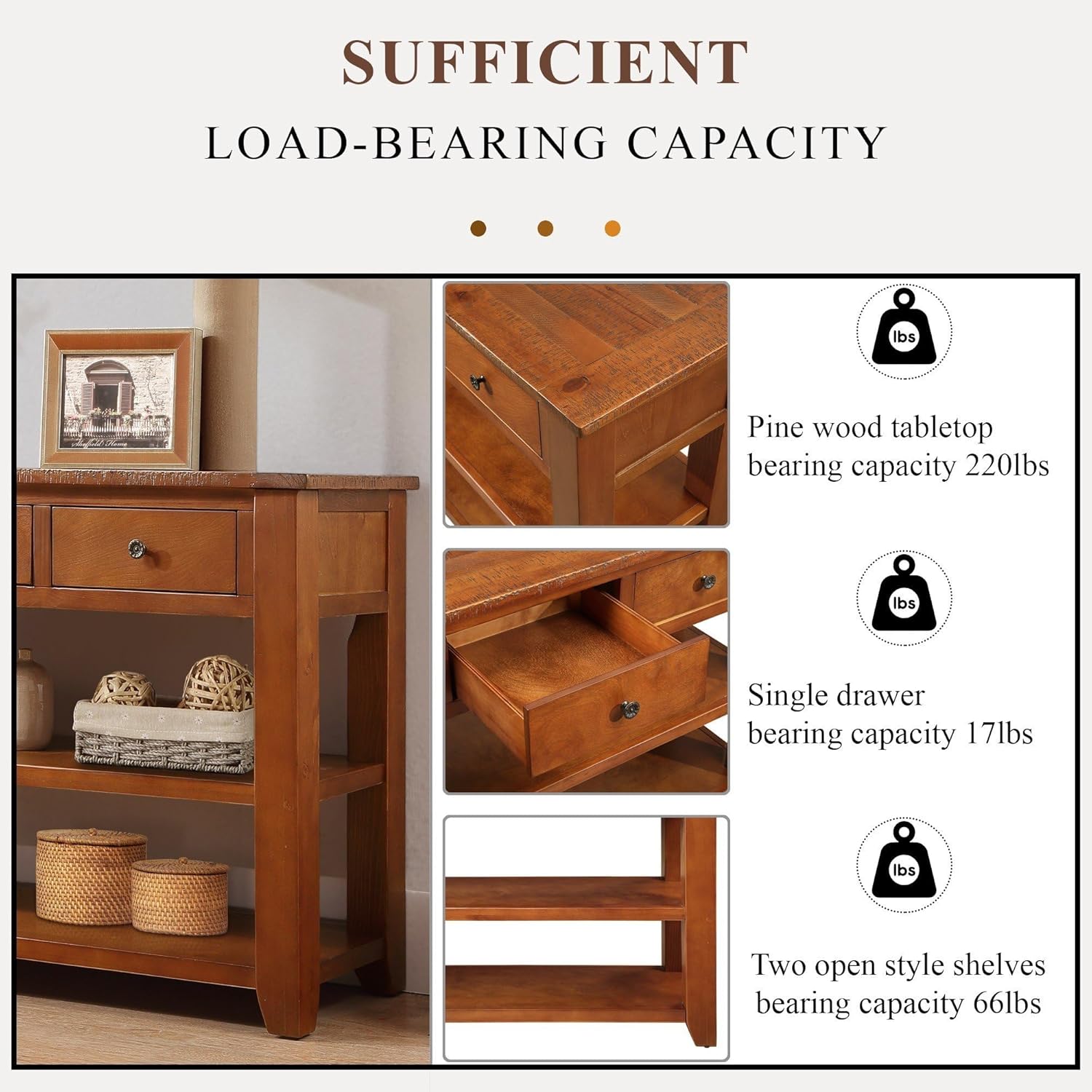 Knocbel Long Console Table with 3 Storage Drawers and Double Bottom Open Shelves,Wooden Sofa Tables Classic Retro and Modern Design for Entryway Entry Hallway Foyer,50" W x 16" D x 30" H,Brown
