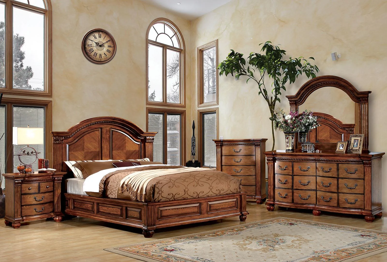 Antique Tobacco Oak Solid Wood King Bedroom Set 3pcs FOA CM7738-EK Bellagrand