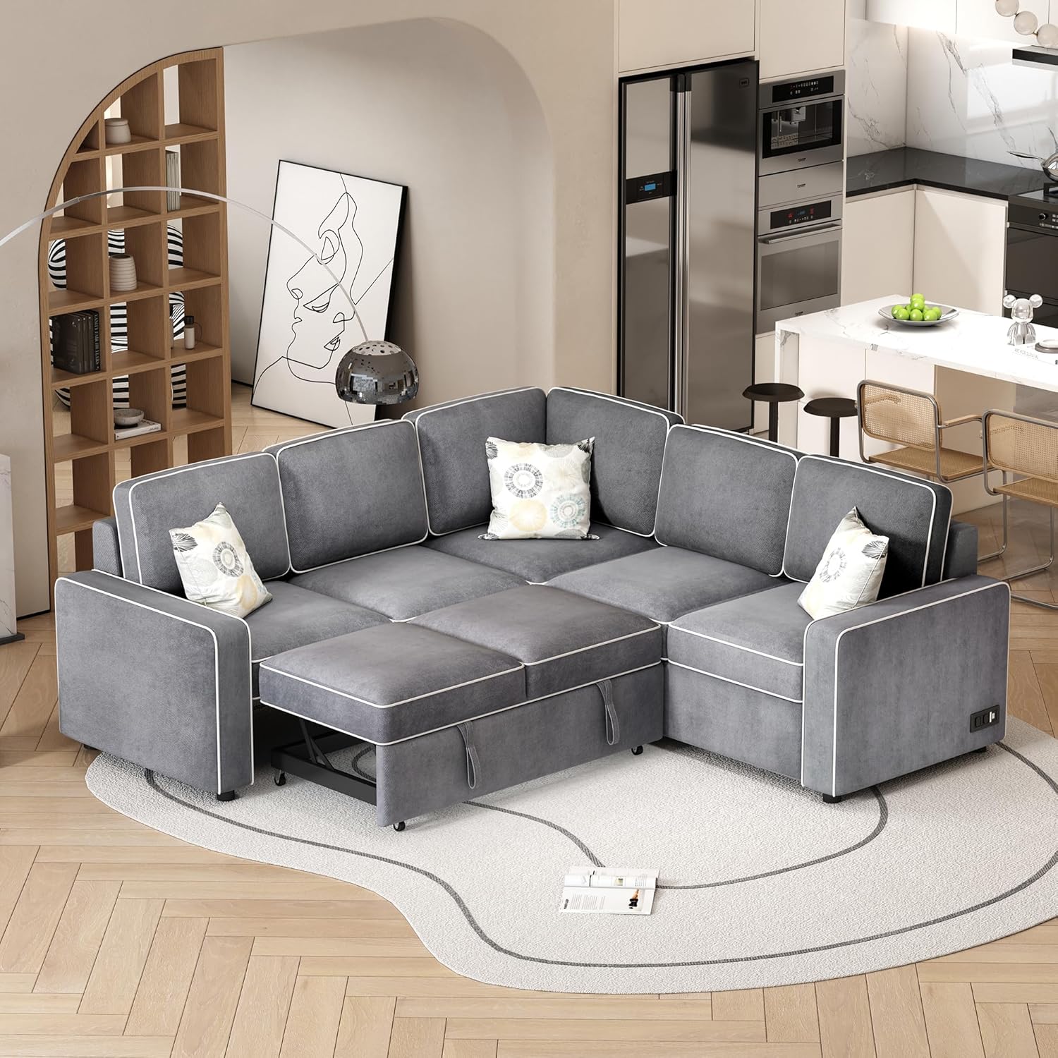 Modern Convertible Sleeper Sofa Linen 5 Person Large L-Shape Sectional Couch with Multi-Functional Pull Out Bed, 2 USB Ports, 2 Power Sockets and 3 Pillows for Living Room, Bedroom, Office