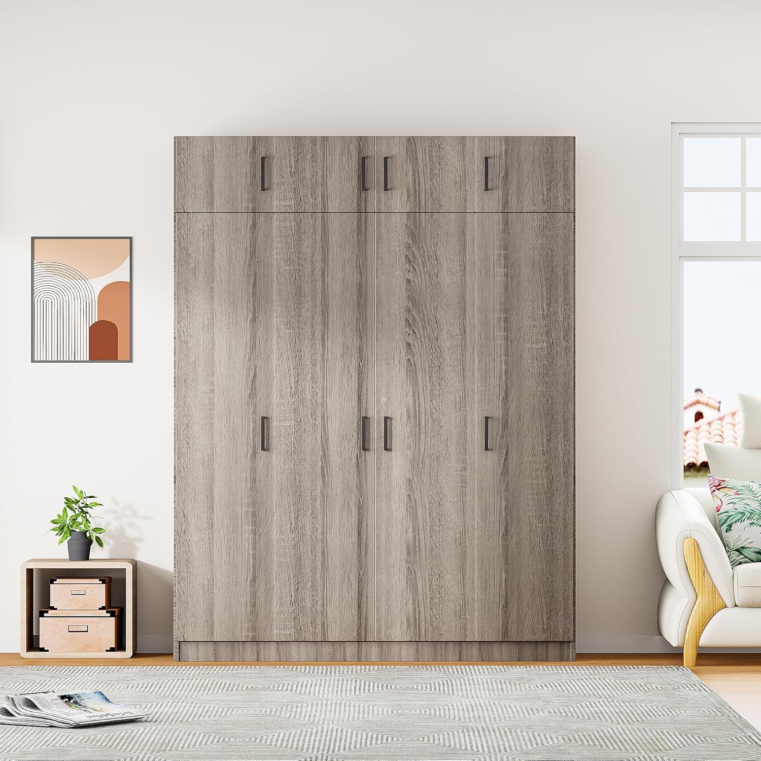 4-Door Armoire Wardrobe with Drawer and Top Cabinet, Storage Organizer w/Shelves & Clothing Rods, 80.8" H Wooden Freestanding Closet for Bedroom, Gray