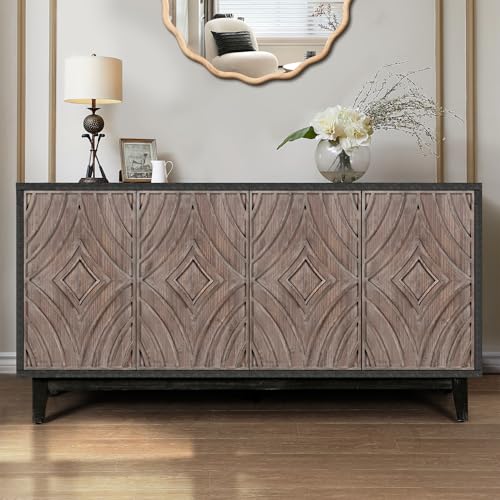 Mid Century Sideboard Buffet Cabinet with Solid Wood Legs, 60" Kitchen Storage Cabinet Credenza with 4 Convex Pattern Diamond Doors and 2 Shelves Accent Console Table, Antique Black
