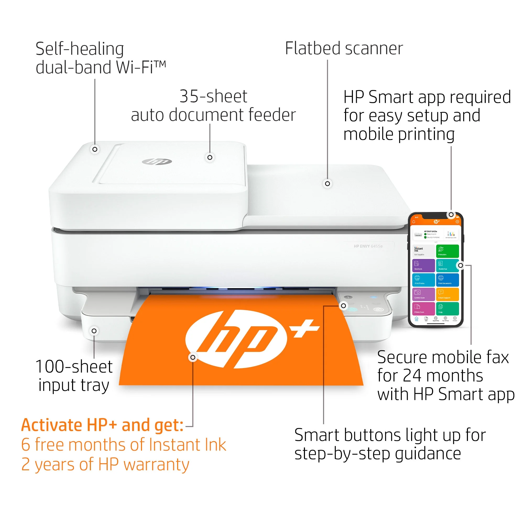 HP ENVY 6455e All-in-One Inkjet Printer, Color Mobile Print, Copy, Scan, Send