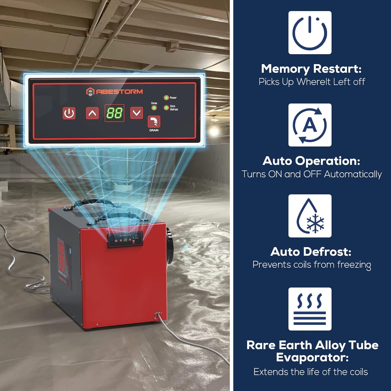 Abestorm Crawl Space Dehumidifier 198 PPD Commercial Dehumidifier with Pump and Dehumidifier Drain Hose for Basement Industrial Whole House Dehumidifier, Energy Star, Optional Remote Monitoring