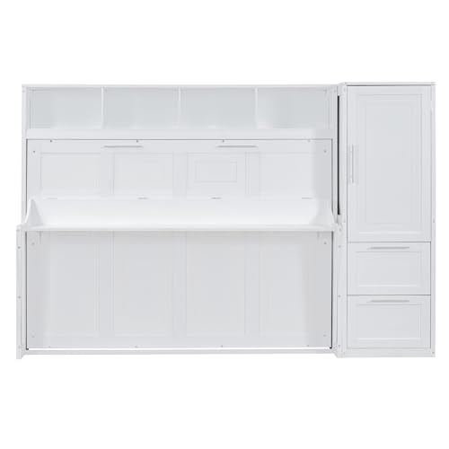 SOFTSEA Queen Size Horizontal Murphy Bed, Queen Murphy Bed with Desk Wardrobe Storage Shelf, Queen Hideaway Wall Bed with Drawers Space-Saving for Guest Room Bedroom or Office, Gray